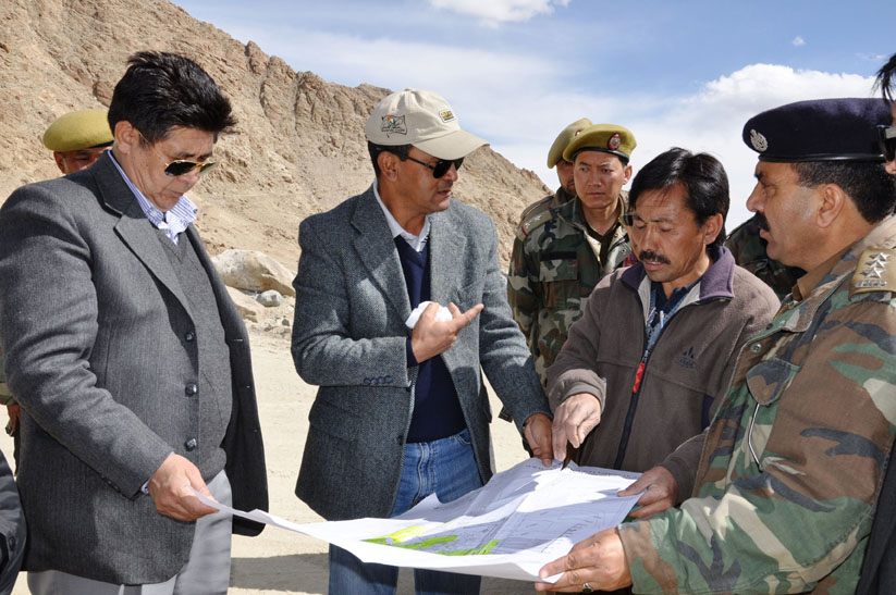 Minister for Tourism Nawang Rigzin Jora with DC Tsering Angchuk at Trans Himalayan Culture Centre, Leh on Tuesday.
