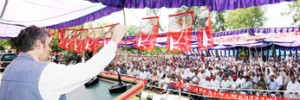 Chief Minister Omar Abdullah addressing a party workers meeting at Nowshera on Tuesday.