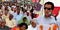 Minister for Medical Education, R S Chib addressing a            public meeting at R S Pura on Thursday.