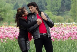 Bollywood actress Prinya Kapoor  with Mukesh Bharati  during shooting of “Kash Tum Hote” at Asia’s largest Tulip Garden on the foothills of Zabarwan range overlooking world famous Dal lake in Srinagar on Tuesday .