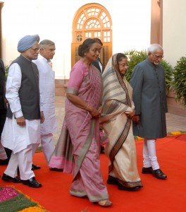 President Pratibha Patil, Vice President Hamid Ansari, Prime Minister Manmohan Singh and Lok Sabha Speaker Miera Kumar arriving at the Central Hall of Parliament House in a procession in New Delhi on Sunday. (UNI) President Pratibha Patil, Vice President Hamid Ansari, Prime Minister Manmohan Singh and Lok Sabha Speaker Miera Kumar arriving at the Central Hall of Parliament House in a procession in New Delhi on Sunday. (UNI)