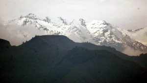 A view of snow-covered mountain during fresh snowfall on upper reaches and moderate to heavy rains in the plains, including summer capital, Srinagar on Saturday. UNI