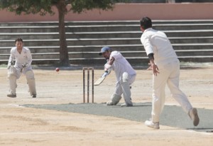 A batsman plays an inside out shot, while wicket-keeper and bowler watch the ball during a match of 4th Ashok Sodhi Memorial T20 Tournament at Parade ground on Wednesday.  