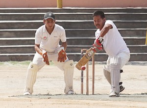 A batsman blocking the ball in hurry during a match between Cantt Cricket Club and Bahu XI at Parade ground on Saturday. —Excelsior/Rakesh A batsman blocking the ball in hurry during a match between Cantt Cricket Club and Bahu XI at Parade ground on Saturday. —Excelsior/Rakesh