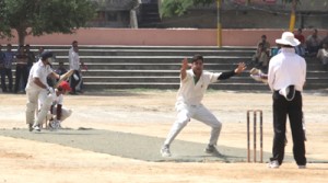 Off-spinner Ashwani appeals but fails to impress umpire Saleem-ur-Rehman during a match between JKAP XI and Sree Cricket Club at Parade ground on Monday.		—Excelsior/Rakesh