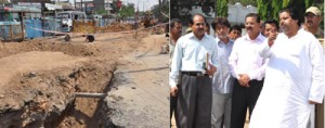 Minister for Revenue, Raman Bhalla inspecting construction work at Jammu on Thursday.