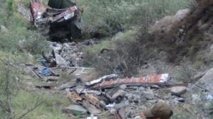 Wreckage of truck lying in deep gorge after it met with accident at Khooni Nullah on the intervening night of June 16 and 17. -Excelsior/Parvez Wreckage of truck lying in deep gorge after it met with accident at Khooni Nullah on the intervening night of June 16 and 17. -Excelsior/Parvez