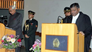 Governor N N Vohra administering oath of office to Chief Justice of J&K High Court Mahesh Mittal Kumar in Srinagar on Friday. Governor N N Vohra administering oath of office to Chief Justice of J&K High Court Mahesh Mittal Kumar in Srinagar on Friday.