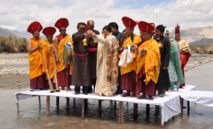 Minister for Tourism, Nawang Rigzin Nora and Minister for Tourism and Culture, Uttrakhand, Amrita Rawat Paying tributes to the Indus at Leh on Tuesday.