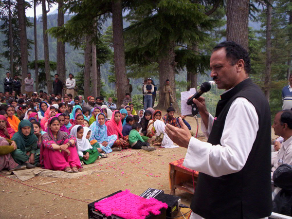 Congress MLA Mohd Sharief Niaz addressing workers meeting at Bhaderwah on Monday.