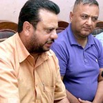 SGEJAC leaders Sushil Sudan and Suresh Sharma addressing press conference in Jammu on Thursday. -Excelsior/ Rakesh