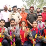 Medal winners in NZ Shooting Championship posing for a group photograph alongwith IGP Dilbag Singh and other dignitaries.