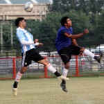 Footballars taking long hops to get hold of the ball during a match of Senior Division Football League Tournament in Jammu on Saturday. -Excelsior/Rakesh