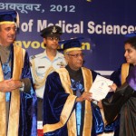 President, Pranab Mukherjee presenting medal and certificate at 40th Annual Convocation of All India Institute of Medical Sciences (AIIMS), in New Delhi on Tuesday. Union Minister for Health and Family Walfare, Ghulam Nabi Azad is also seen.