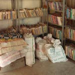 Packed books in gunny bags at public library, Mendhar depicting real picture.