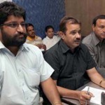 Estates employees leaders PS Bawa and Yash Pal Sharma addressing joint press conference in Jammu on Friday.