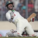 Bangladesh player Naeem Islam celebrates his century on the 3rd day of the Ist test match against West Indies at Mirpur on Thursday.
