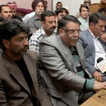 Senior JCC leader Mohd Khursheed Alam, flanked by Abdul Qayoom Wani and others addressing press conference in Jammu on Thursday. -Excelsior/Rakesh