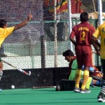 Players in action during a match of 61st All India Police Hockey Championship at KK Hakhu Astroturf Stadium in Jammu on Sunday.
