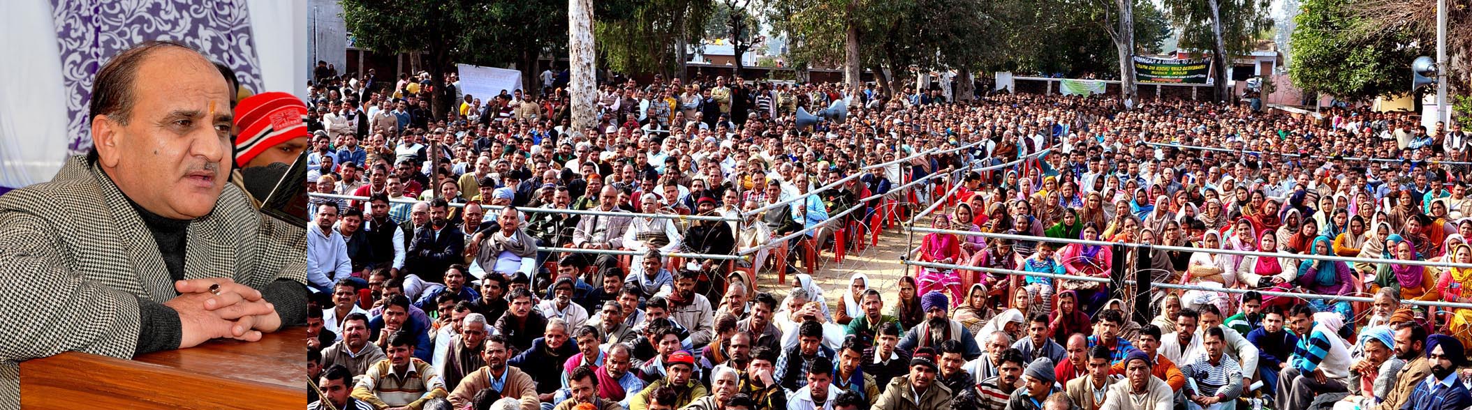 Deputy Chief Minister, Tara Chand addressing public gathering at Khour on Sunday.