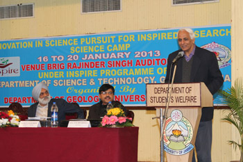Prof T P Singh delivering lecture at inaugural of five-day INSPIRE Science Camp at JU on Thursday.