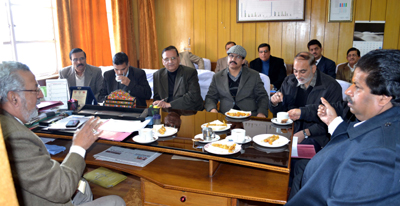 Minister for PHE, Taj Mohi-ud-Din and Minister for Relief, Raman Bhalla chairing a meeting at Jammu on Friday.