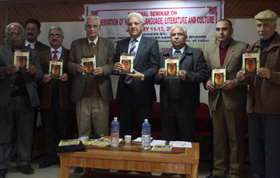 Dignitaries releasing AIKS Journal ‘Naad’ and Kashmiri Journal ‘Vaakh’ at K L Sehgal Hall on Friday. —Excelsior/Rakesh