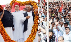 Chief Minister Omar Abdullah, Planning Minister Ajay Sadhotra and NC provincial president Devender Rana at a public meeting at Marh on Wednesday.