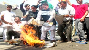 JWAM activists burning the effigies and flags of China and Pakistan during a protest rally at Jammu.