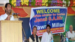 Minister for Tourism Ghulam Ahmad Mir addressing Navreh Milan at Jammu on Sunday.