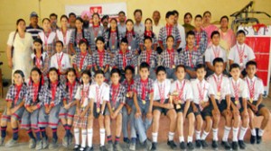 Winners posing for a group photograph along with dignitaries during Award Ceremony at Sunderbani in Rajouri on Saturday.