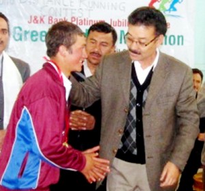 Winners being felicitated during prize distribution function of Green Marathon in Leh on Tuesday.