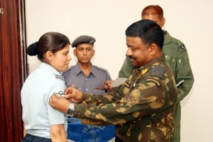 Group Captain S Sridhar awarding parawing to Flt Lt Supriya Mulay at Air Force Station on Friday.