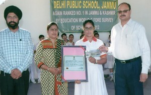 Jasneh Kour Sudan being felicitated by Principal DPS Jammu on Friday.