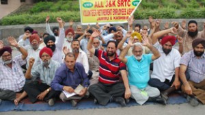 VRS accorded SRTC workers staging protest demonstration near Press Club on Wednesday. -Excelsior/ Rakesh
