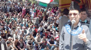 Minister for Finance and Ladakh Affairs Abdul Rahim Rather addressing public meeting at Ledan on Saturday.