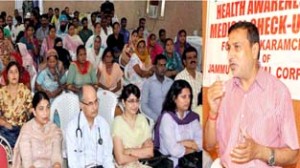Minister for PHE Sham Lal Sharma during health awareness and medical check-up camp at Jammu.