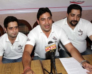 Spokesperson Simula Group, Amit Gandotra and Taufeeq Mughal addressing media persons in Jammu on Friday.