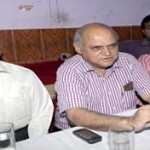 Prof. Virender Gupta interacting with media persons at Jammu on Wednesday. -Excelsior/Rakesh