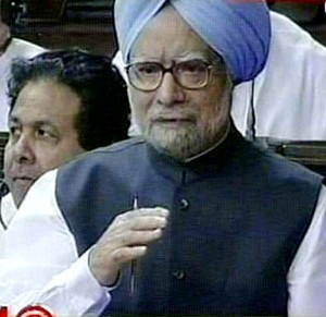 Prime Minister Dr Manmohan Singh speaks on the current economic situation in Rajya Sabha on Friday. (UNI)