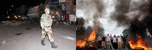 Army moving in Jammu City on Saturday midnight (left) and people holding a massive demonstration during Jammu bandh. More pics on Page Nos. 3 and 4.