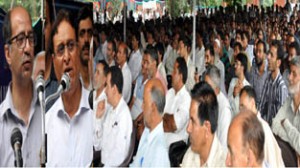 Minister for CA&PD, Ch Mohd Ramzan and MLA Nasir Aslam Wani addressing employees’ conference at Srinagar on Wednesday.