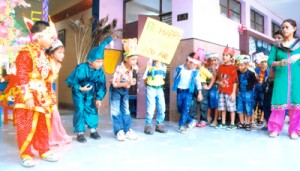 Students of KC Public School performing activity during Story Bonanza on Saturday.