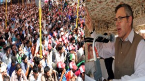 Chief Minister Omar Abdullah addressing public gathering at Ribbon Khojpora on Wednesday.