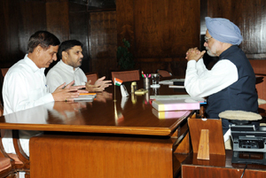 MP Madan Lal and vice chairman OBC Board, Kuldip Raj Verma at meeting with Prime Minister Dr Manmohan Singh in Delhi on Monday.