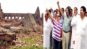 Minister for Housing, Raman Bhalla and Minister for PHE, Sham Lal Sharma assessing the damages caused by heavy rains to Bahu Fort on Sunday.