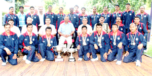 Winners of Swimming and Cross Country Championships of Jammu Frontier posing for a group photograph alongwith SS Tomar, IG BSF on Thursday.