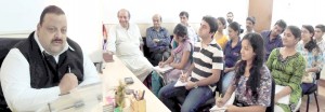 Provincial President NC Devender Singh Rana interacting with students of IIMC at Sher-e-Kashmir Bhavan on Wednesday.
