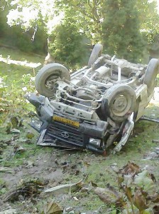The ill-fated Tata Sumo vehicle at Machil, Kupwara on Thursday. -Excelsior/ Abid Nabi