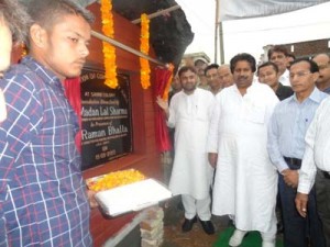 MP Madan Lal Sharma and Minister for Housing, Raman Bhalla laying foundation stone of a community hall at Sainik Colony on Sunday.